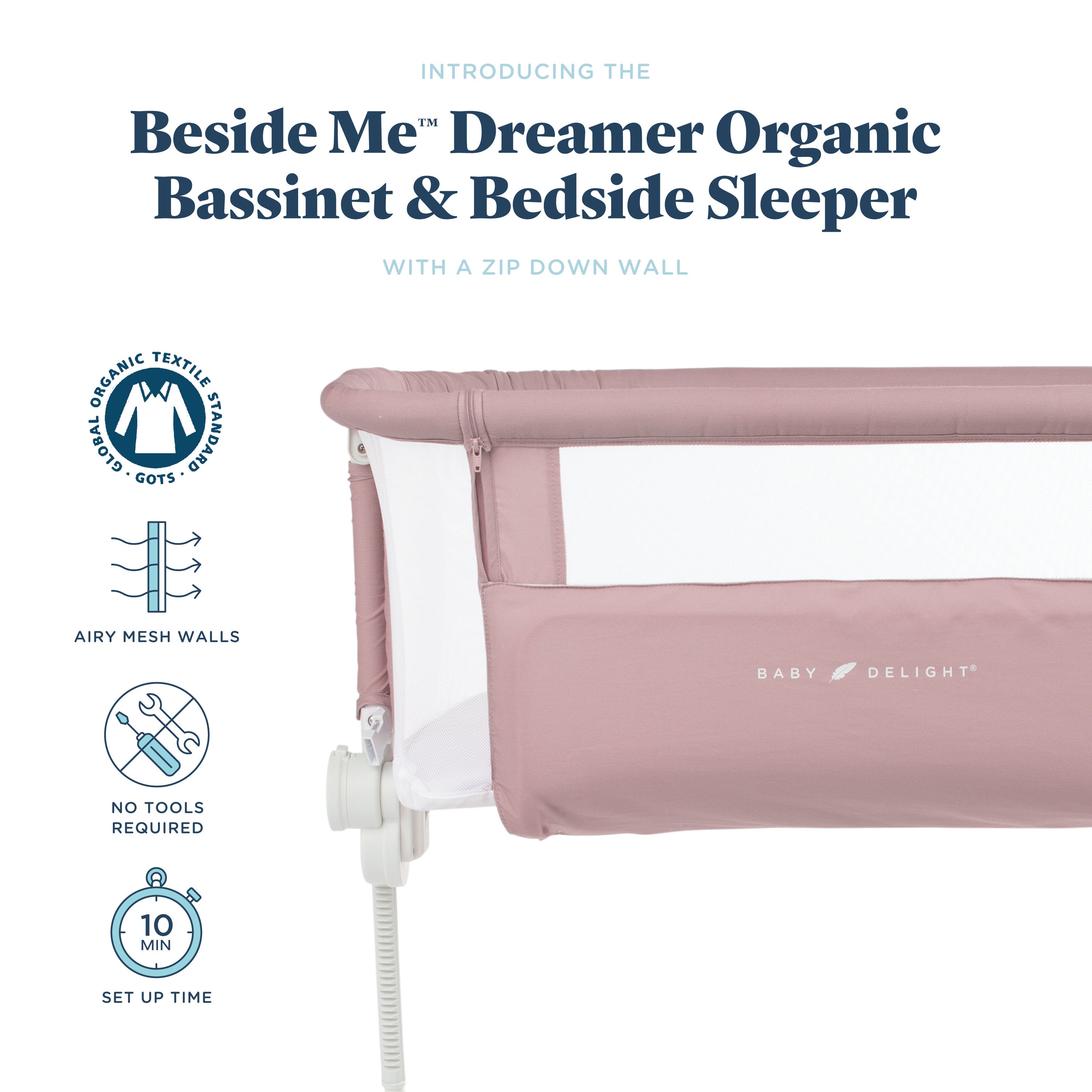 Beside Me™ Dreamer Organic Bassinet & Bedside Sleeper - Organic Rose - Baby Delight
