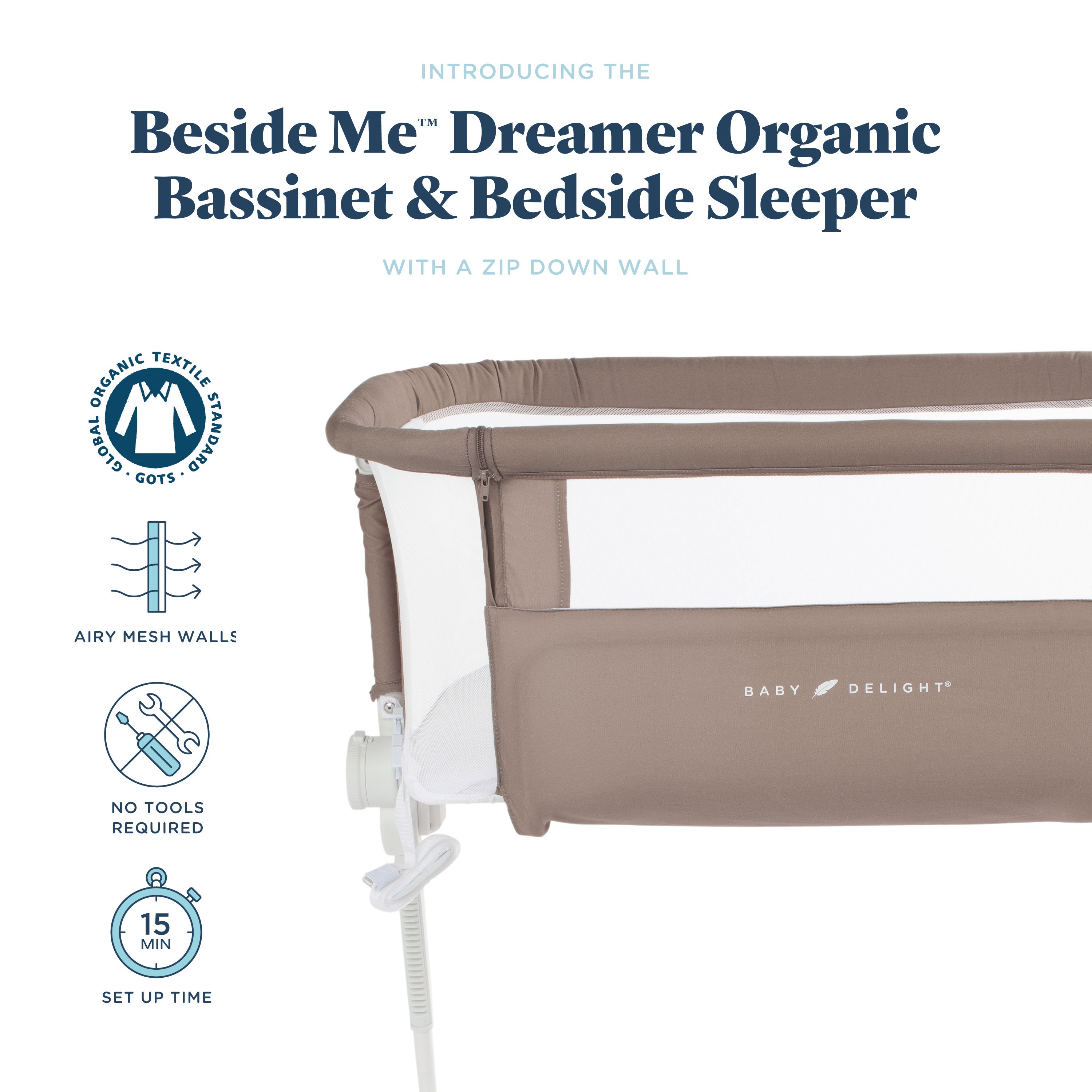 Beside Me™ Dreamer Organic Bassinet & Bedside Sleeper - Organic Mocha - Baby Delight