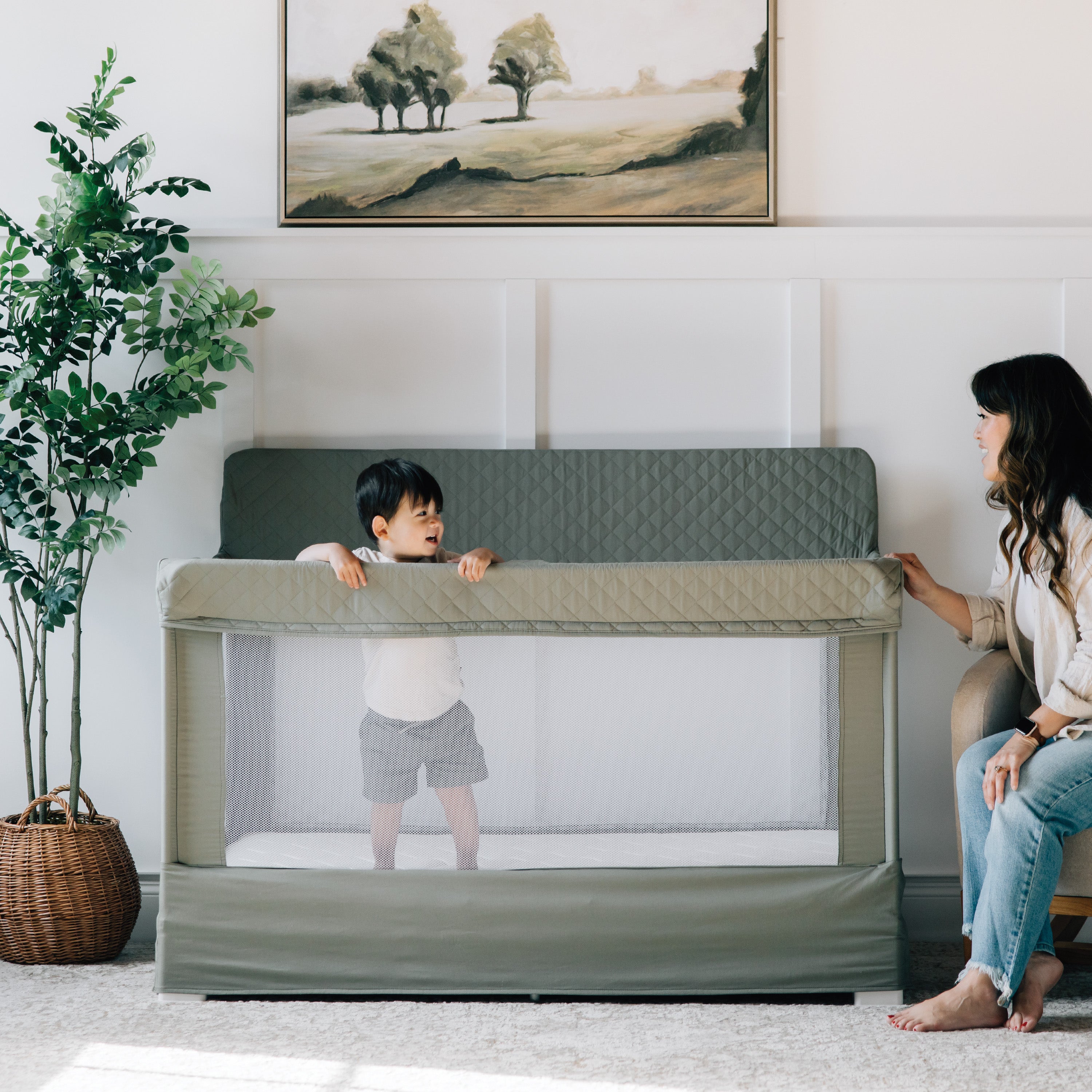 Lunaire Full Size Mesh Crib and Playard - Quilted Organic Sage - Baby Delight