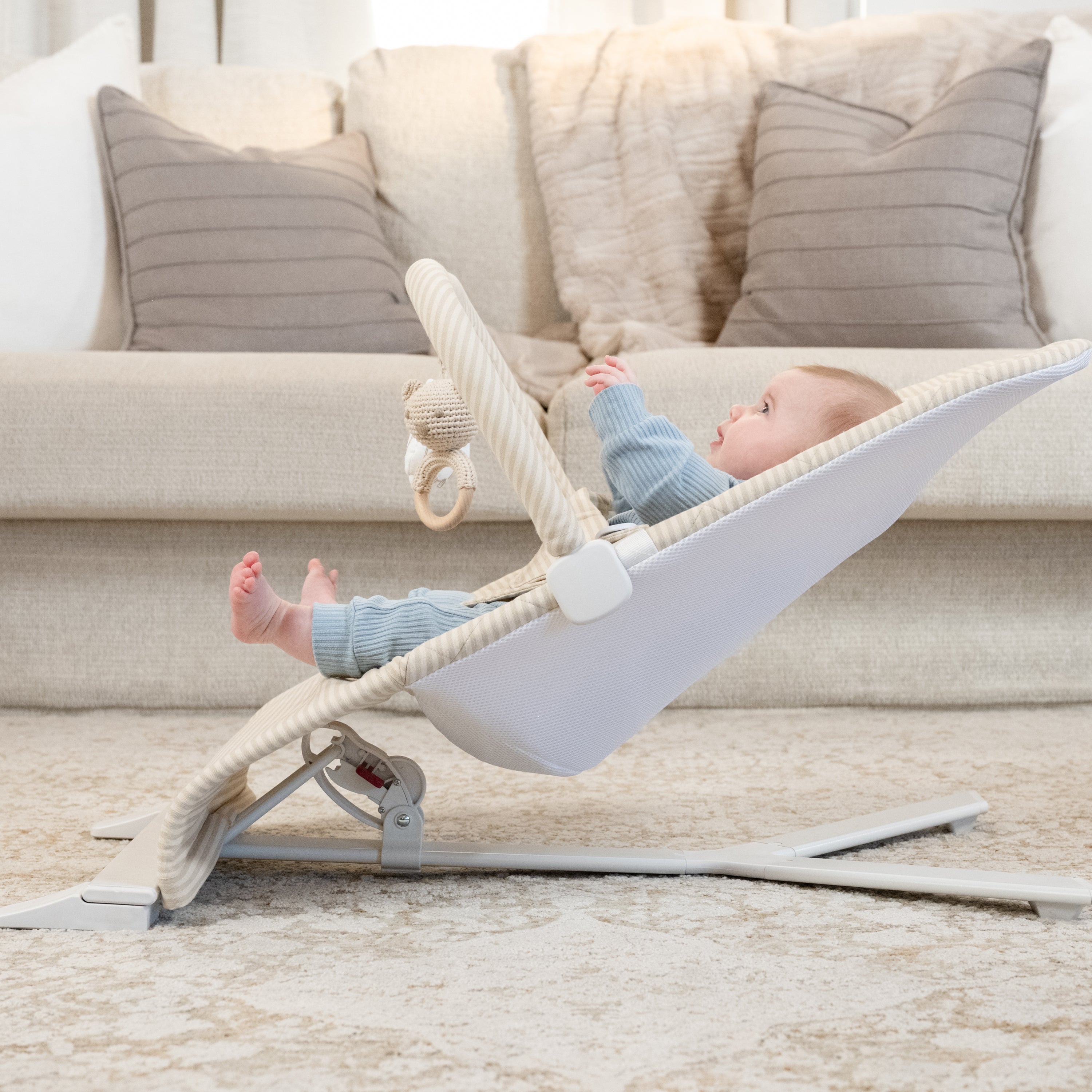 Alpine Deluxe Portable Bouncer - Linen Stripe - Baby Delight
