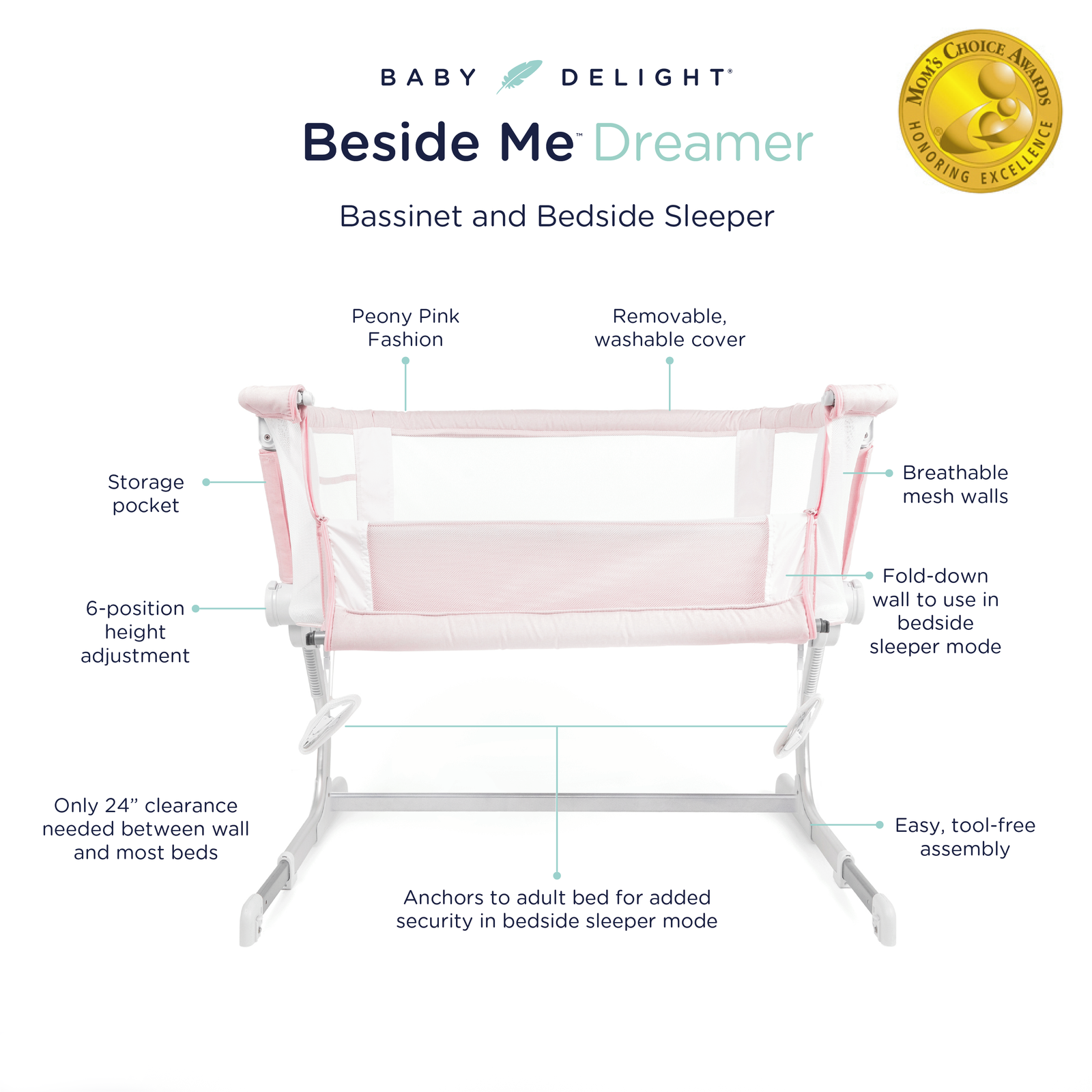 Beside Me Dreamer Bassinet Bedside Sleeper Peony Pink Baby Delight