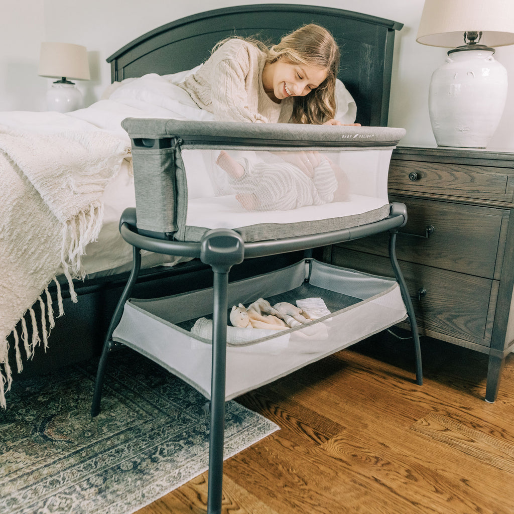 Beside Me Nova Bassinet with Stand Charcoal Tweed Baby Delight