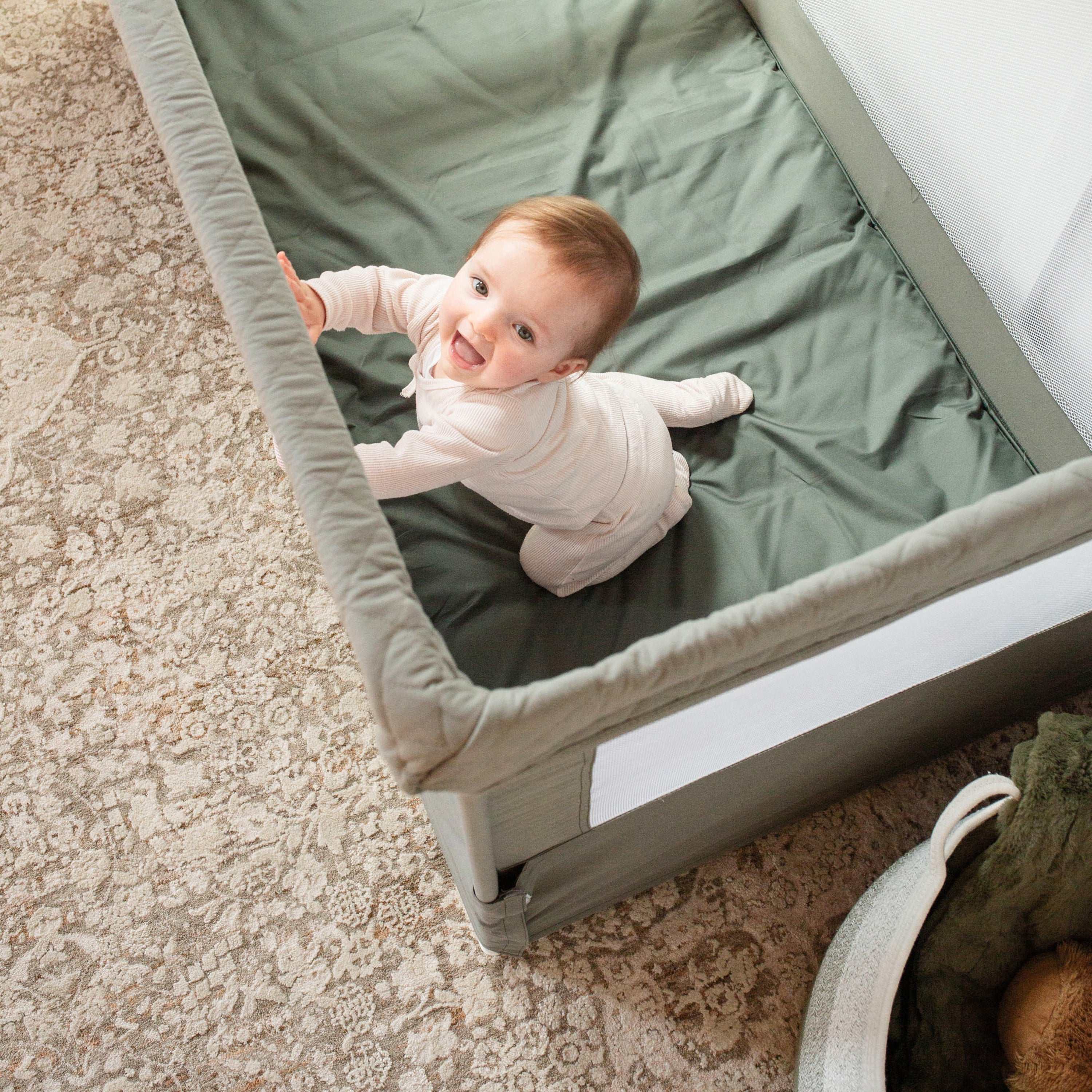 Lunaire Full Size Mesh Crib and Playard - Quilted Organic Sage - Baby Delight
