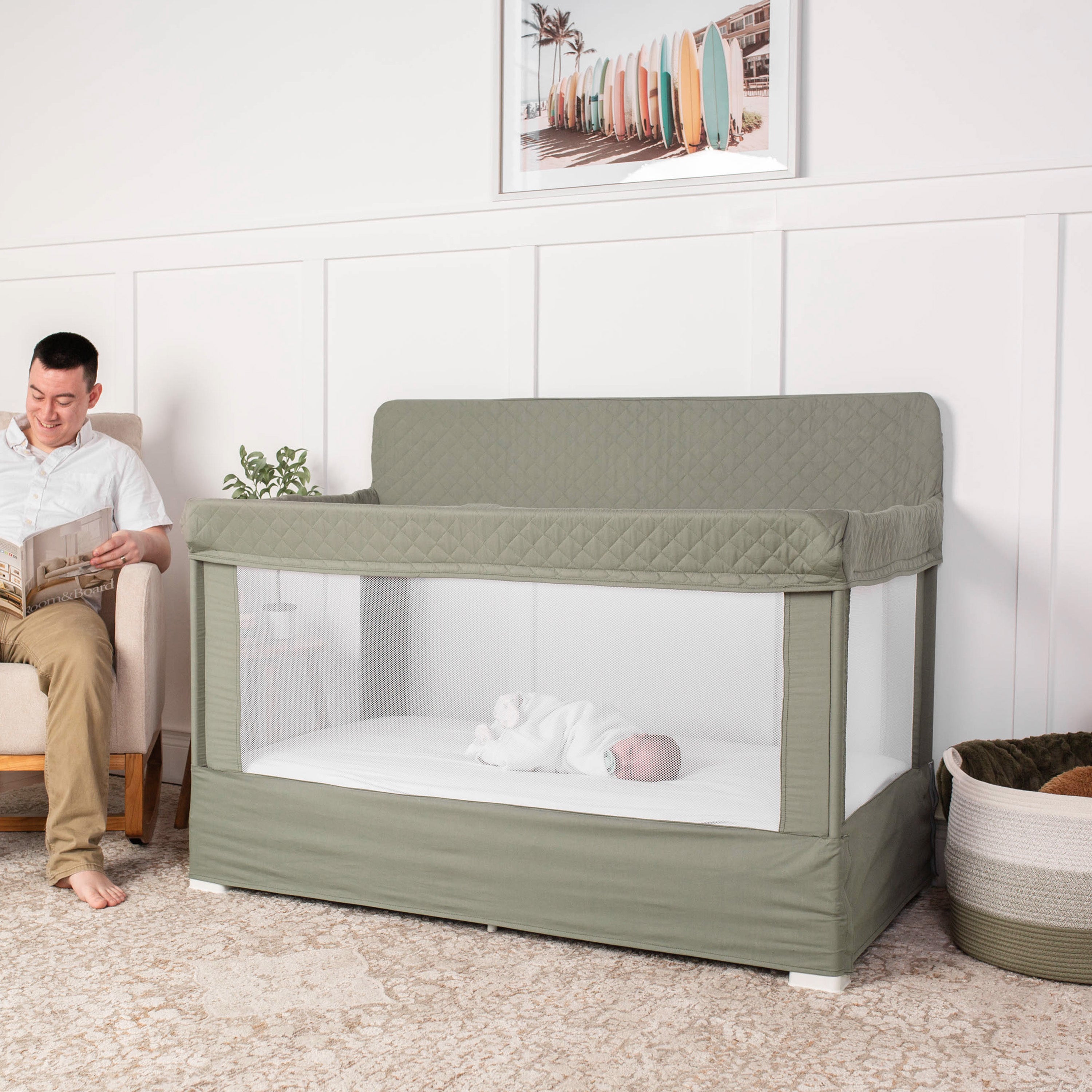 Lunaire Full Size Mesh Crib and Playard - Quilted Organic Sage - Baby Delight