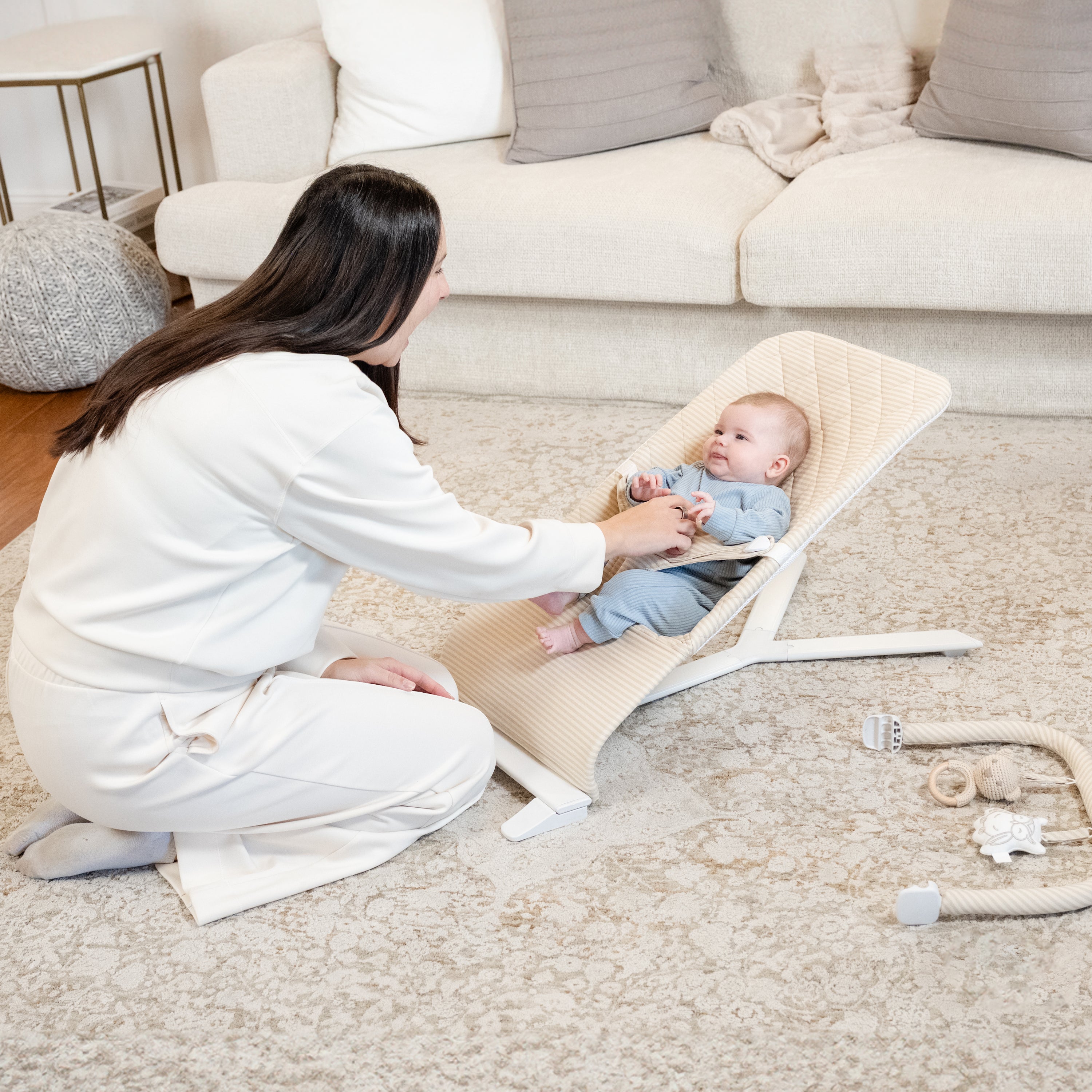 Alpine Deluxe Portable Bouncer - Linen Stripe - Baby Delight