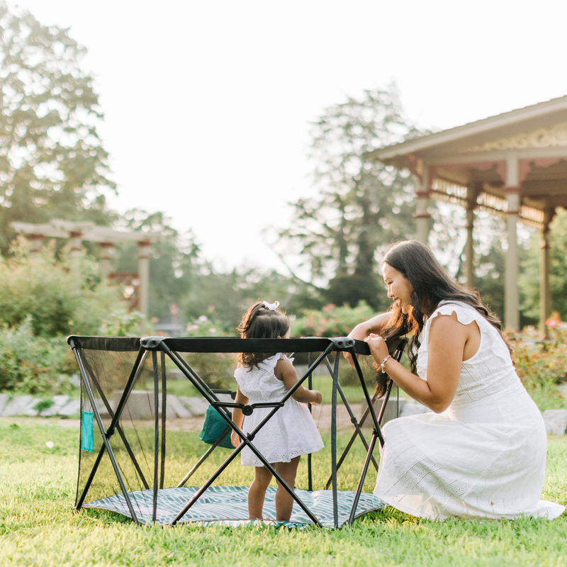 Go With Me® Eclipse Portable Playard with Canopy - Watercolor Stripe w- Grey Canopy - Baby Delight