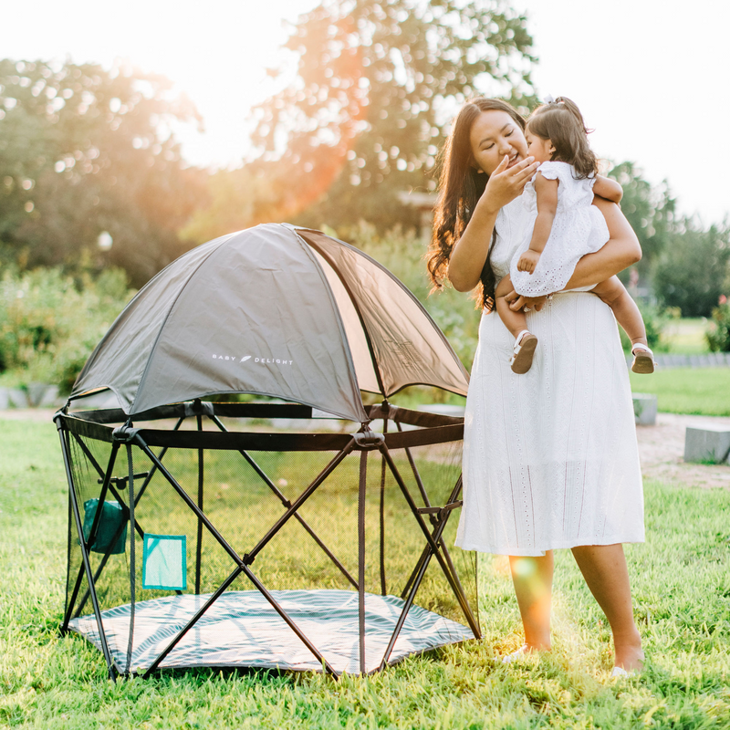 Go With Me® Eclipse Portable Playard with Canopy - Watercolor Stripe w- Grey Canopy - Baby Delight