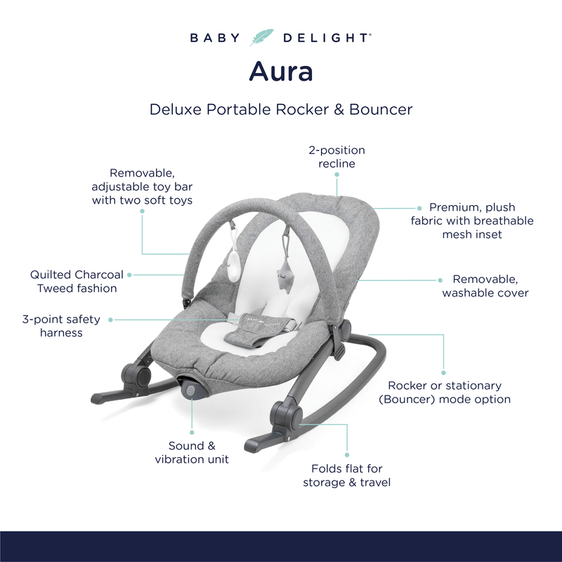 Baby Delight Aura Deluxe | Portable Baby Bouncer for Infants | Baby Rocker  | Quilted Charcoal Tweed